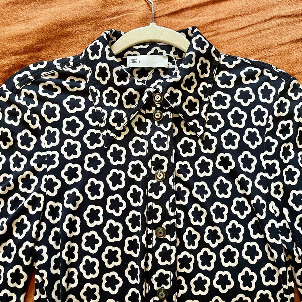 Tory Burch Black and White Floral Motif Button-Down Midi Dress